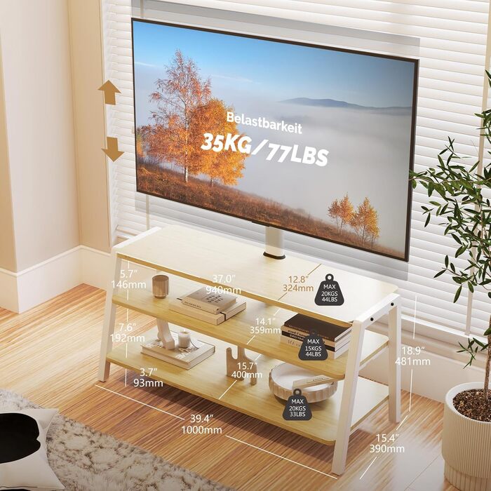 Тумба під телевізор FITUEYES з кронштейном, регульована висота, для TV 37-70 дюймів, дерево, біла, макс. вага 35 кг, VESA 600x400
