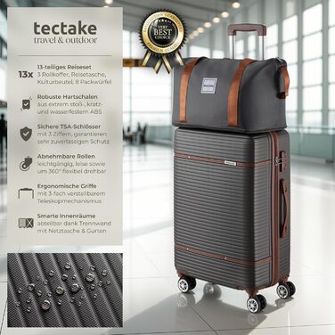 Набір валіз Tectake 13 шт. з валізою, сумкою та ролерами: 3 великі валізи, TSA-замок, сірий