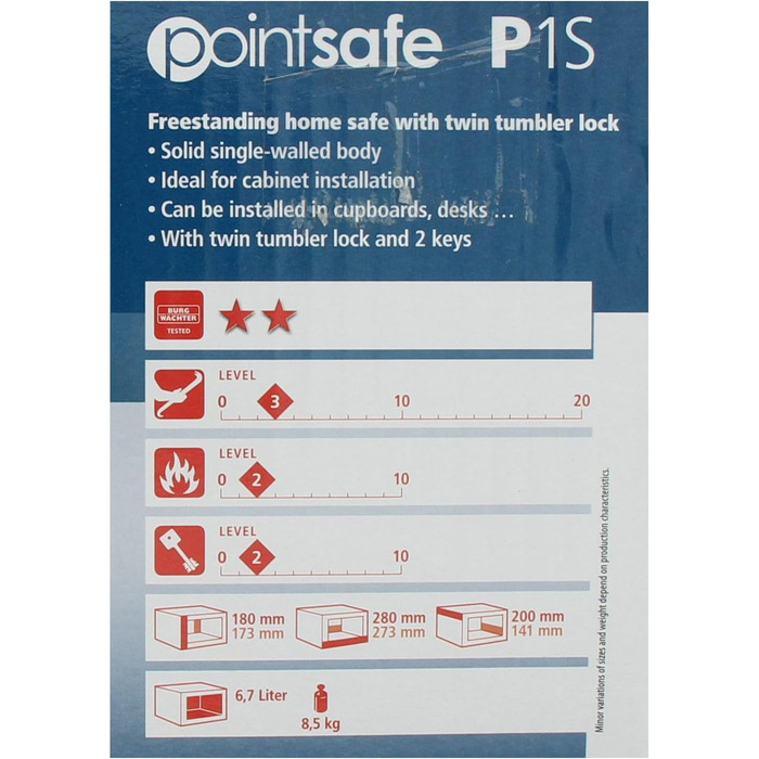 Сейф Burg-Wächter PointSafe P 1 S з двома ключами, для меблів, чорний, 180x280x200 мм, монтаж на стіну та підлогу