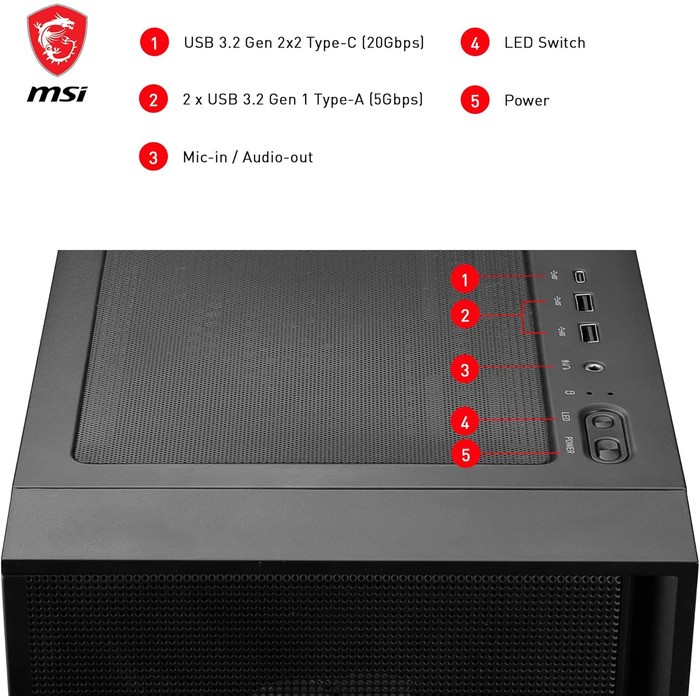 Корпус для ПК MSI MAG Forge 321R Airflow, Mid-Tower, підтримка ATX, сумісний з RTX 40, ARGB-вентилятори, магнітні пилові фільтри, загартоване скло, концентратор ARGB, USB 3.2 Gen 2x2 Type-C