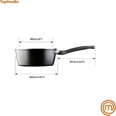 Каструля MasterChef з антипригарним покриттям та скляною кришкою, 20 см, алюмінієва, індукційна, універсальна для всіх типів плит, чорна, для супу та макаронів, колекція Aluminum Essentials