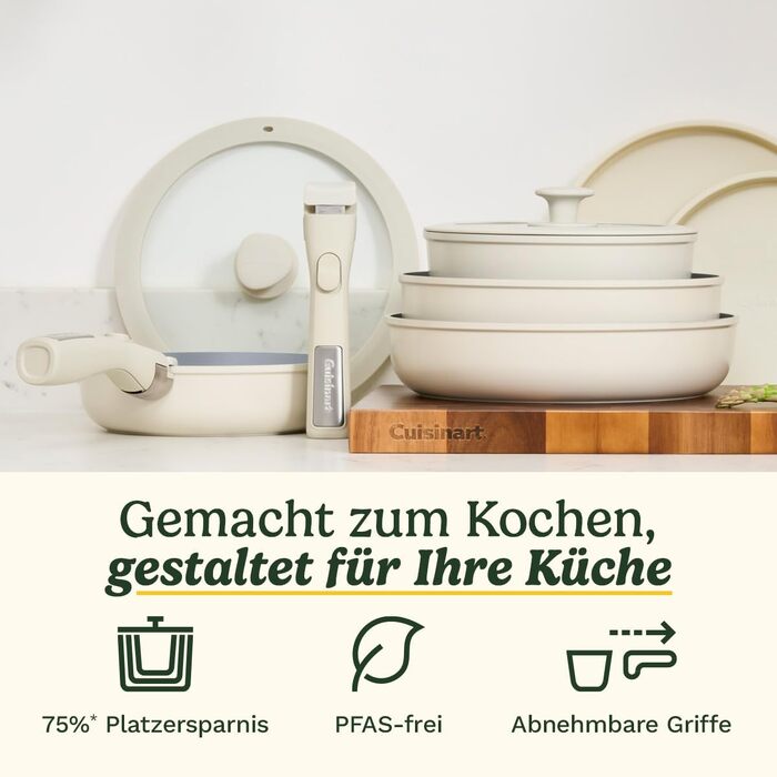 Набір посуду Cuisinart Ceramica XT 11 предметів: каструлі, сковороди, сотейник, пароварка. Керамічне антипригарне покриття з титановим зміцненням. Без PTFE, PFOA та PFAS, колір - слонова кістка