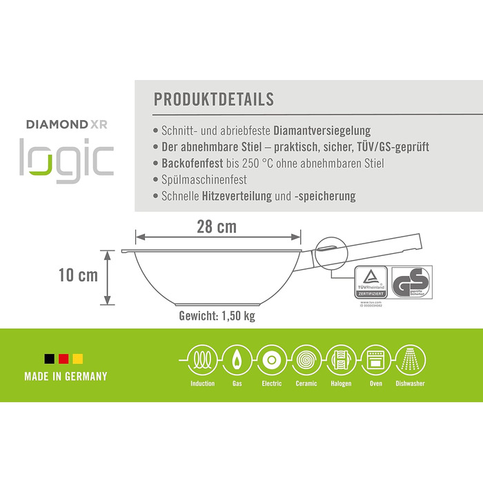 Сковорода-вок Woll Diamond Logic XR 28 см, антипригарна, алюмінієва, знімна ручка, для індукції та всіх плит, чорна