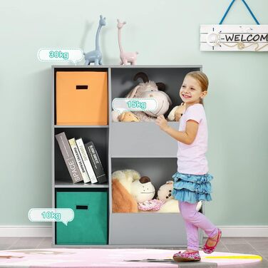 Дитяча полиця DREAMADE з 5 відсіками та 2 тканинними коробками, органайзер для іграшок та книжок, сірий, для дитячої кімнати та садочка