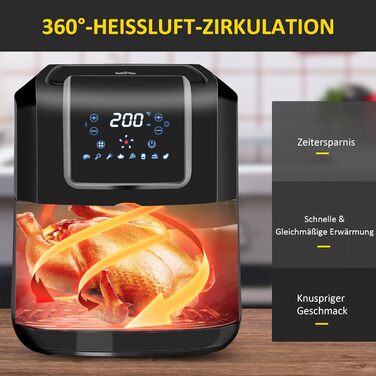 Аерофритюрниця HOMCOM 6,5 л, 1700 Вт, 8 програм, LED-дисплей, антипригарний кошик, для здорового приготування без олії, чорна