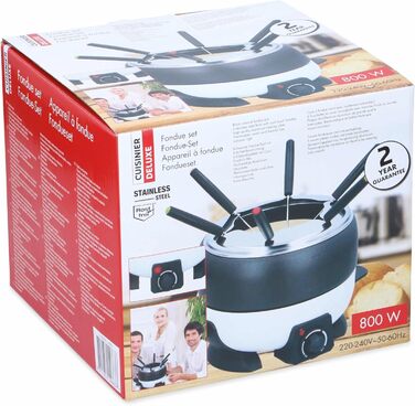 Електричний набір для фондю Cuisinier Deluxe на 6 осіб, нержавіюча сталь, для м'ясного, сирного та шоколадного фондю, чорний і білий