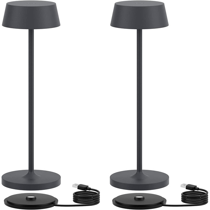 Klighten Диммовані LED акумуляторні настільні лампи, 2 шт, алюмінієві, сенсорне керування, IP54, для спальні та ресторану, тепле світло 3000K, антрацит, USB зарядка