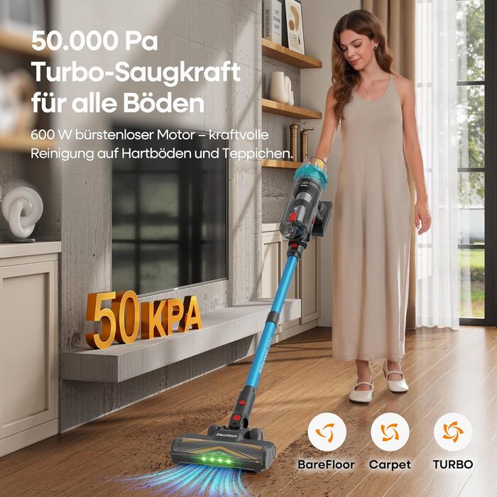 Акумуляторний пилосос ElecKeys K10 50000Pa/580W 70хв, бездротовий з LED дисплеєм, 1.8л, анти-заплутування, для шерсті тварин, килимів, підлоги, авто, синій