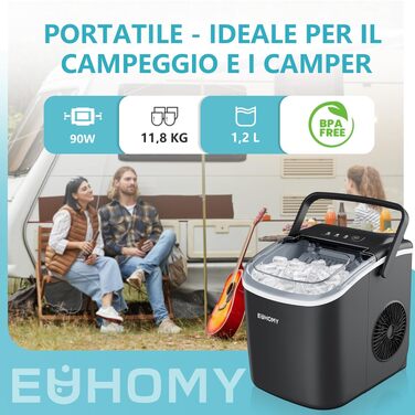 Льодогенератор EUHOMY 12 кг/24 год, самоочищення, з ручкою, лопаткою, кошиком, чорний, 45 дБ