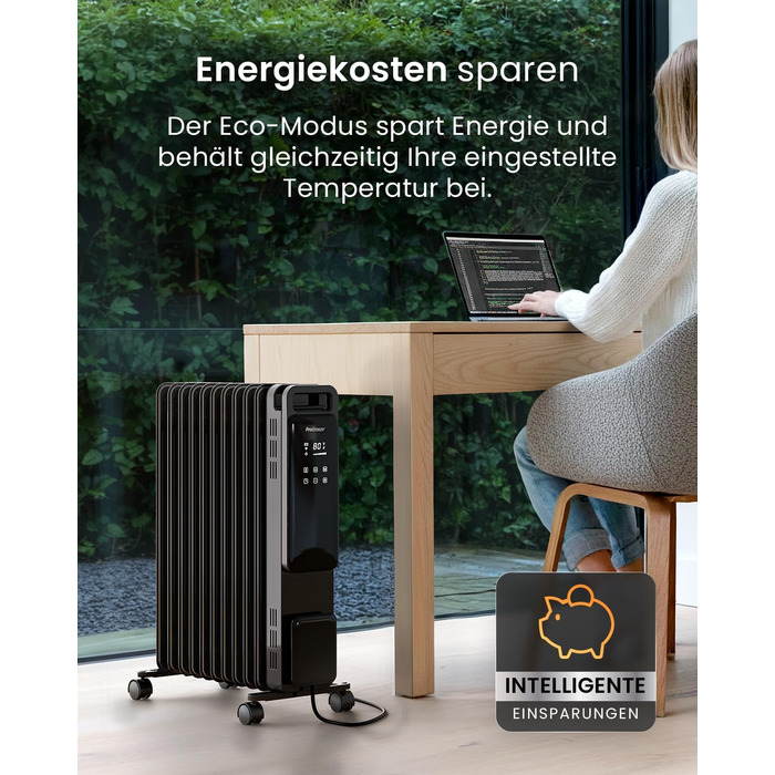 Розумний електричний масляний радіатор Pro Breeze 2500W, 11 секцій, з керуванням через Wi-Fi (Smart App), таймером на 24г, термостатом та сенсорним дисплеєм, чорний
