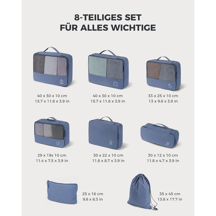Набір органайзерів для валізи та рюкзака Packing Cubes, 8 предметів, сіро-блакитний