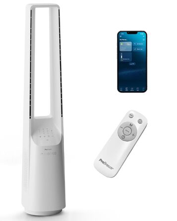 Вентилятор без лопатей Pro Breeze 101 см з LED дисплеєм, 6 швидкостей, 5 режимів, авто-коливання 60°, таймер 7 годин, управління через додаток та пульт, білий