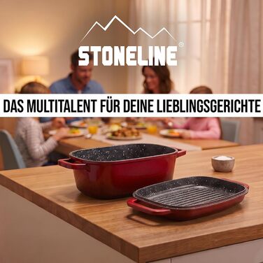 Чавунна каструля-гусятниця з кришкою STONELINE, 8.4 л, антипригарне покриття з частинками каменю, для індукції та духовки (червона, 43x26 см)