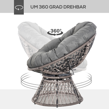 Крісло-папасан з подушками, ротан, сіре, 87 x 97 x 86 см, поворотне на 360°