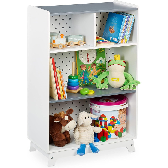 Дитяча полиця для іграшок і книг Relaxdays, 4 секції, 90x60x30 см, для хлопчиків і дівчаток, біла/сіра