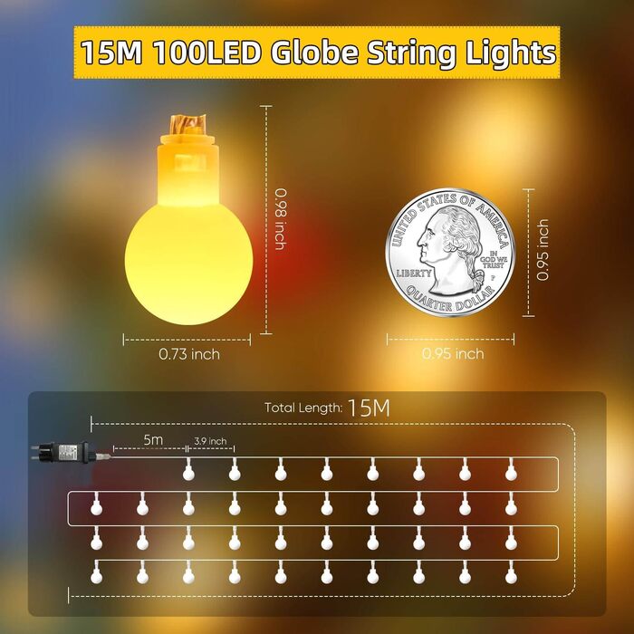 Гірлянда світлодіодна вулична/кімнатна 300 LED куля, 15м, 8 режимів, IP44, теплий білий для декору свят, весіль, саду, балкону