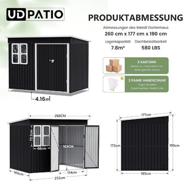 Металевий садовий будинок UDPATIO 222x132x190 см з вікном, дверима та вентиляцією, сірий. Гараж для велосипедів, сарай для інструментів, водонепроникний