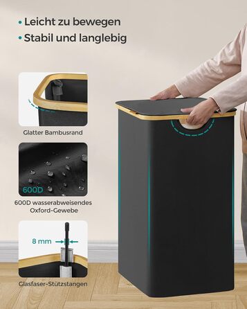 Кошик для білизни SONGMICS з кришкою, 3 секції, 150 л, складаний, знімний мішок, оксфордська тканина, бамбукові ручки, чорний, 60x38,5x70,5 см