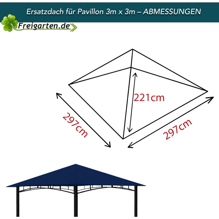 Заміна даху для павільйону 3x3 м Freigarten.de, водонепроникний, панама PVC 370 г/м², модель 3, колір морський синій