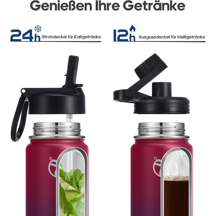 Термобутилка HydroPal 1200 мл з нержавіючої сталі, BPA-free, ізоляційна пляшка для спорту та подорожей з трубою та двома кришками, червоно-чорна