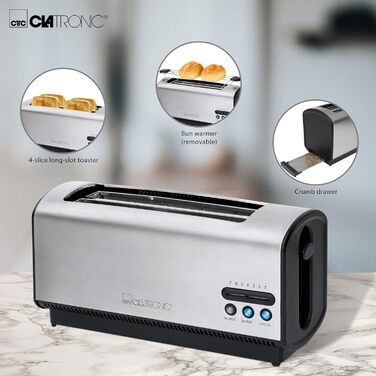 Тостер Clatronic TA 3687 для 4 тостів, довгий слот, функції розморожування, підігріву, швидкої зупинки, регульований ступінь підсмажування, центрування, корпус з нержавіючої сталі, чорний