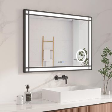 LED дзеркало для ванної кімнати AQUABATOS 50x70 см з підсвічуванням, ефект вікна, сенсорне керування, регулювання яскравості, антизапотівальне покриття, чорний алюмінієвий каркас, індустріальний стиль, годинник, дзеркало для макіяжу