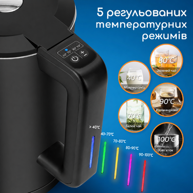 Розумний електрочайник Aigostar з Wi-Fi, регулювання температури 40-100°C, 1,7 л, подвійна стінка, нержавіюча сталь, сумісний з Alexa, функція підтримки тепла, чорний, безшумний, бездротовий