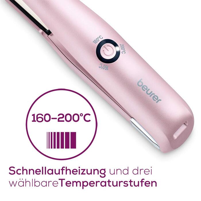 Beurer HS 20 акумуляторний випрямляч для волосся з USB-зарядкою, 3 температурні режими, швидкий нагрів, портативний, рожевий