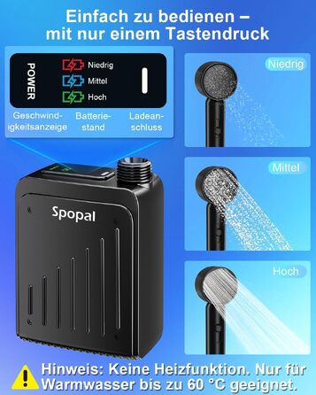 Портативний кемпінговий душ Spopal, водонепроникний IPX8, акумуляторний насос з індикатором рівня заряду та гачком, зарядка Type-C, для подорожей, пляжу, авто та миття тварин