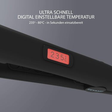 Професійний керамічний випрямляч та плойка для волосся REVAMP 80-235°C з іонізацією, LCD-дисплеєм і захисними оліями, чорний