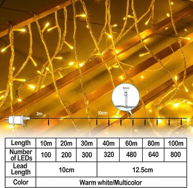 Світлодіодна гірлянда LED 800 вогнів, 60м, теплий білий колір, прозорий кабель, для внутрішнього та зовнішнього використання