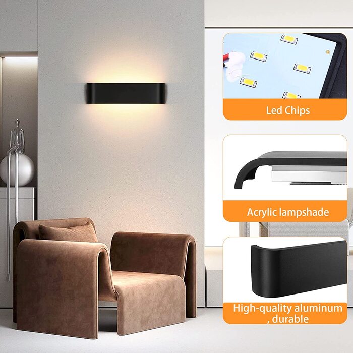 Світильник настінний LED Lightess 16W, чорний, сучасний, алюмінієвий, тепле біле світло, IP44, для вітальні, спальні, коридору
