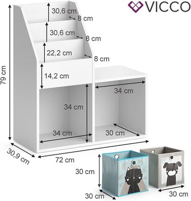 Дитяча книжкова полиця Vicco Luigi, біла, 72x79 см, з 2 складними коробками з малюнком песика та котика