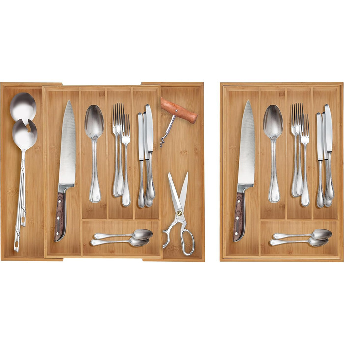 Розсувний органайзер для столових приборів у шухляду з бамбука Relaxdays, натуральний (6 x 5 x 50 см, 5-7 відділень)
