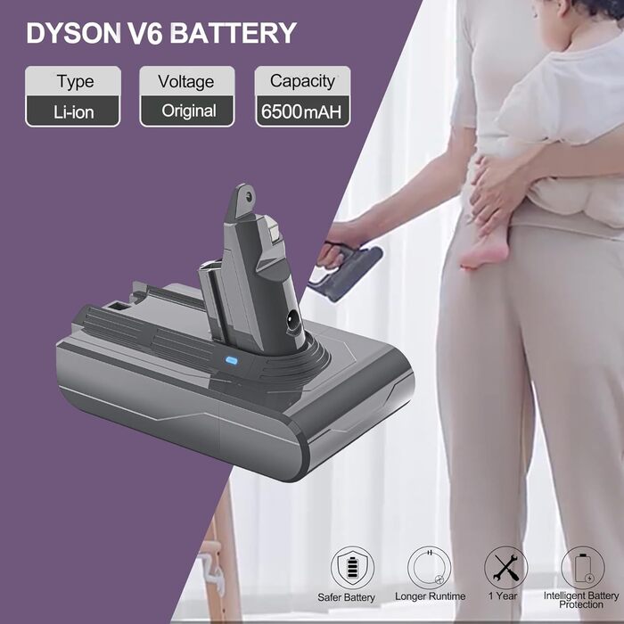 Акумулятор для пилососа Dyson V6 DC62 LONGFIT 6500mAh Li-ion, сумісний із моделями Animal, Trigger, Fluffy, Motorhead, Absolute, DC58, DC59, DC61, DC62, DC72, DC74, SV03, SV05, SV06, SV07, SV09