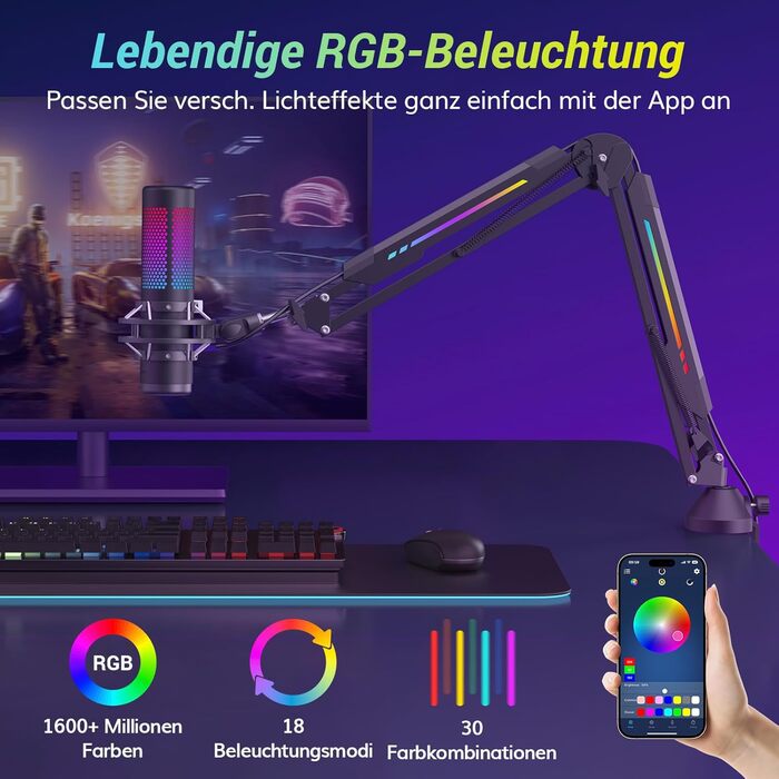 Мікрофон геймерський TONOR T90 з RGB підсвіткою та тримачем - професійний мікрофон для стрімінгу та ігор