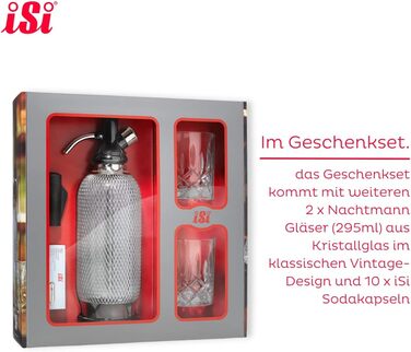 Сифон для газування води iSi Soda Maker Classic Geschenkset, 1 л, нержавіюча сталь, набір із 2 склянок і 10 капсул, барне приладдя для приготування содової води