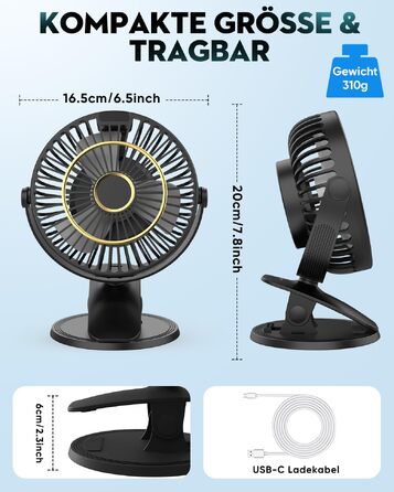 COZII Міні-вентилятор USB: кліпса на стіл, 720° поворот, 5 швидкостей, LED-дисплей. Портативний вентилятор для дому, офісу, дитячого візочка, подорожей - чорний