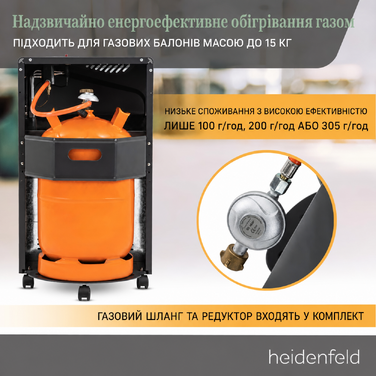Газовий обігрівач Heidenfeld Inferno GH100, 4200 Вт, для приміщень, для балонів до 15 кг, чорний (Газовий балон не входить у комплект)