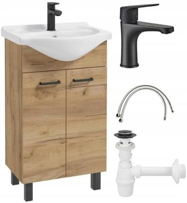 Підлогова тумба для ванної Domodomo з умивальником 85x50x41 см, комплект: керамічна раковина, сифон, чорний змішувач, дуб Craft, елегантний дизайн
