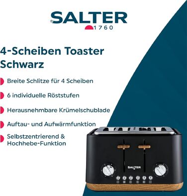 Тостер SALTER Toronto 4-слоти: чорний, 6 рівнів підсмажування, розморожування, підігрів, автоматичне центрування, функція підйому, знімний піддон для крихт, EU-штекер