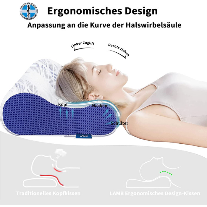 Подушка для шиї LAMB з Memory Foam, регульована висота, ергономічна, знімний чохол 60x36x12/10 см, блакитна