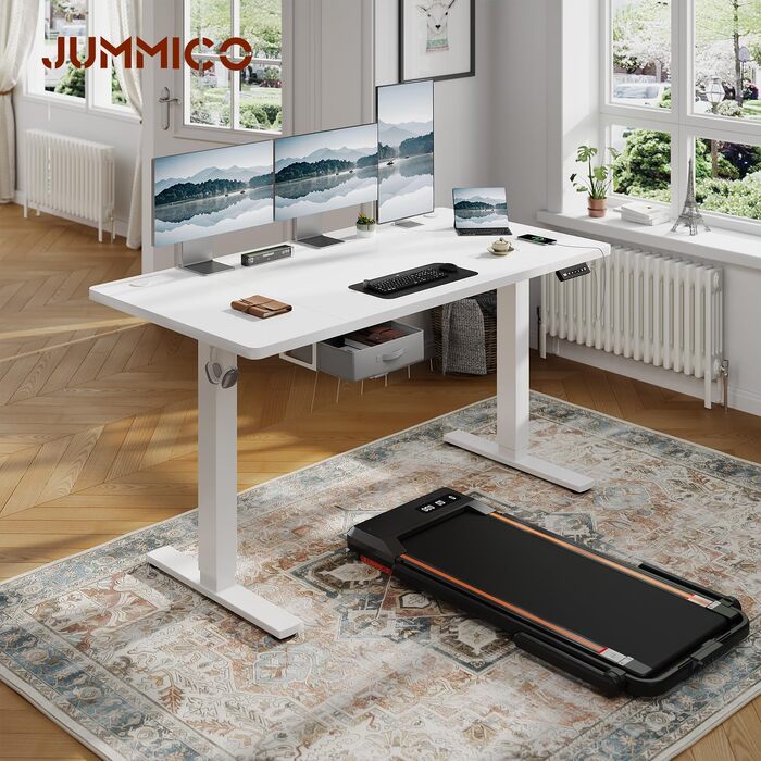 Електричний регульований стіл JUMMICO для дому та офісу 160x80 см, білий - з шухлядою та гачками