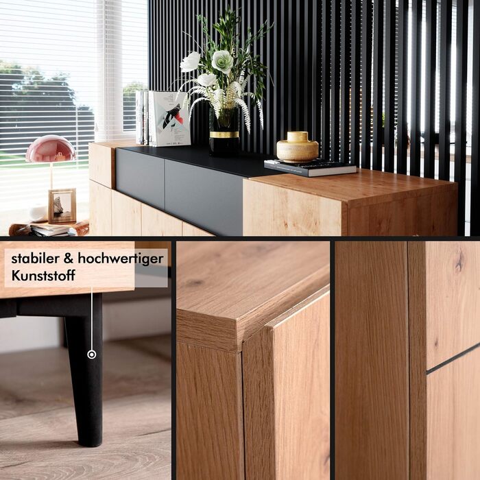 Комод Newfurn чорний дикий дуб, вінтажний індустріальний стиль, 180x90x42 см, для вітальні, спальні, передпокою, їдальні