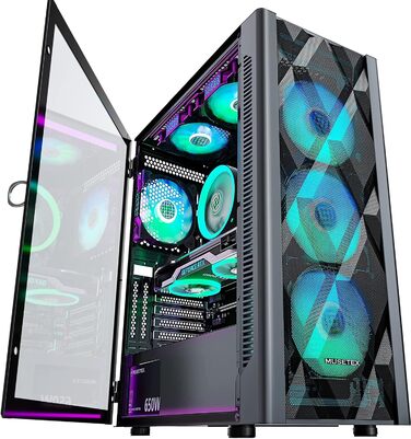 MUSETEX ATX корпус для ПК з 6 встановленими PWM ARGB вентиляторами, ігровий корпус з полігональною сіткою, бічна панель із загартованого скла, Mid-Tower, 2x USB 3.0, чорний, модель NN8