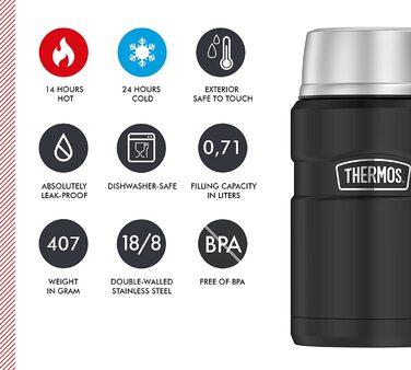 Термос для їжі Thermos STAINLESS KING 710 мл чорний матовий, харчовий контейнер з нержавіючої сталі, збереження тепла до 14 годин, холоду до 24 годин, герметичний, для супу, каші, страв, великий об’єм, без ложки, можна мити в посудомийній машині