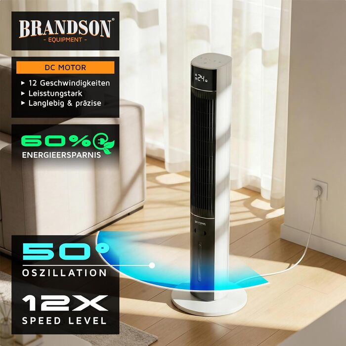 Вентилятор вежний Brandson з функцією охолодження водою ECO Design, тихий, DC мотор, з пультом, енергоефективний, з коливанням