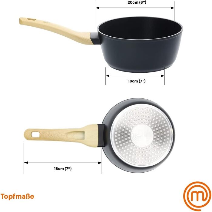 Каструля MasterChef 18 см з кришкою, алюмінієва, індукційна, антипригарна, чорна, дерев'яна ручка, для пасти та супу, підходить для всіх плит, набір каструль і сковорідок, колекція Natural