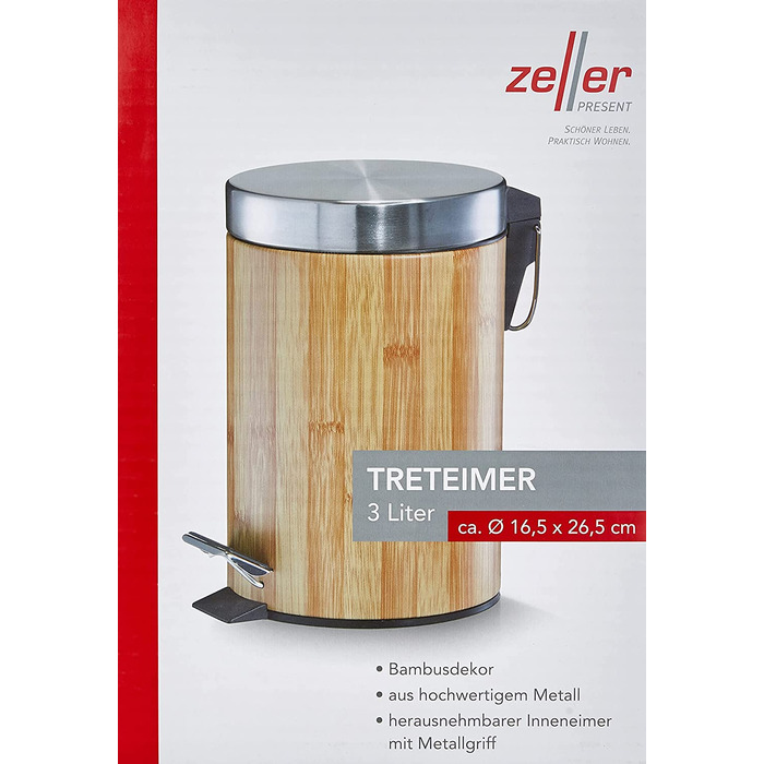 Відро для сміття Zeller 3 л, бамбук і метал, 17×26 см