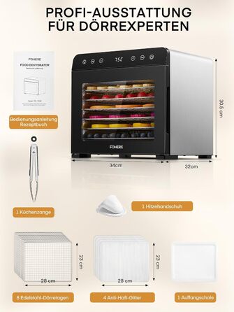 Електричний дегідратор FOHERE з нержавіючої сталі, 650W, 8 ярусів, таймер 48h, 35-75°C - для овочів, м'яса, трав, здорових перекусів та кемпінгу